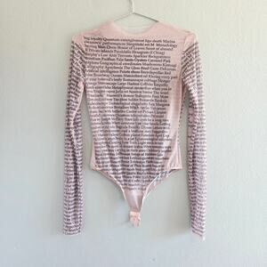 Milerobot Bodysuit "What is Love?" Text, Sheer Mesh Long Sleeve, Large, Nude
